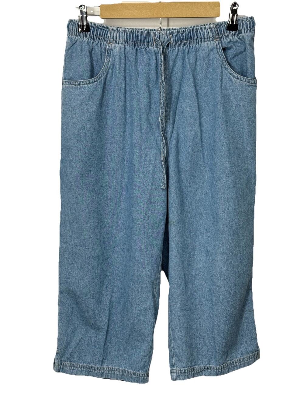 Kim Rogers Petite Medium Denim Capri Pants 100% Cotton Pull On Elastic Waist